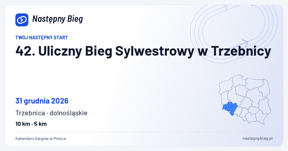 42. Uliczny Bieg Sylwestrowy w Trzebnicy — termin, miejsce, dystanse i województwo na mapie Polski. Następny Bieg.