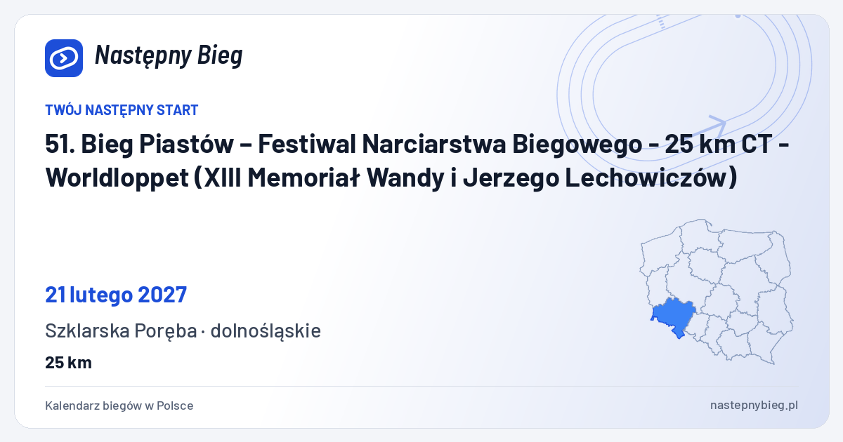 51. Bieg Piastów – Festiwal Narciarstwa Biegowego - 25 km CT - Worldloppet (XIII Memoriał Wandy i Jerzego Lechowiczów) — termin, miejsce, dystanse i województwo na mapie Polski. Następny Bieg.