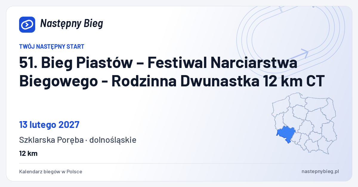 51. Bieg Piastów – Festiwal Narciarstwa Biegowego - Rodzinna Dwunastka 12 km CT — termin, miejsce, dystanse i województwo na mapie Polski. Następny Bieg.