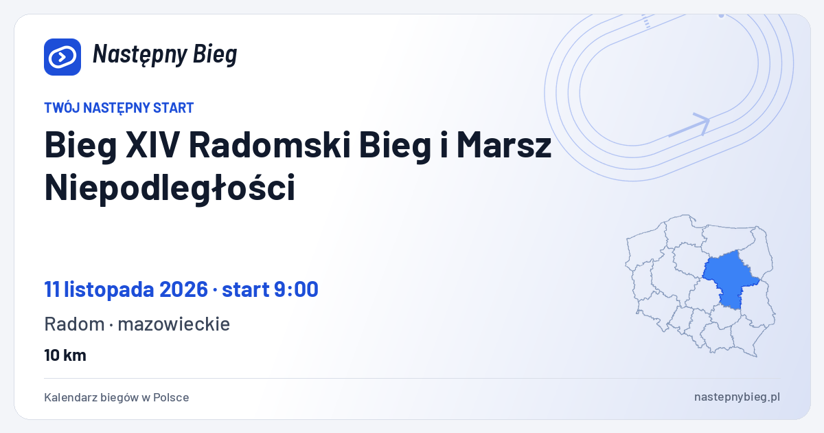 Bieg XIV Radomski Bieg i Marsz Niepodległości — termin, miejsce, dystanse i województwo na mapie Polski. Następny Bieg.