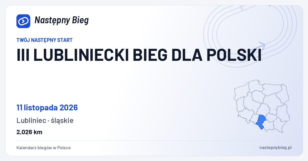 III LUBLINIECKI BIEG DLA POLSKI — termin, miejsce, dystanse i województwo na mapie Polski. Następny Bieg.
