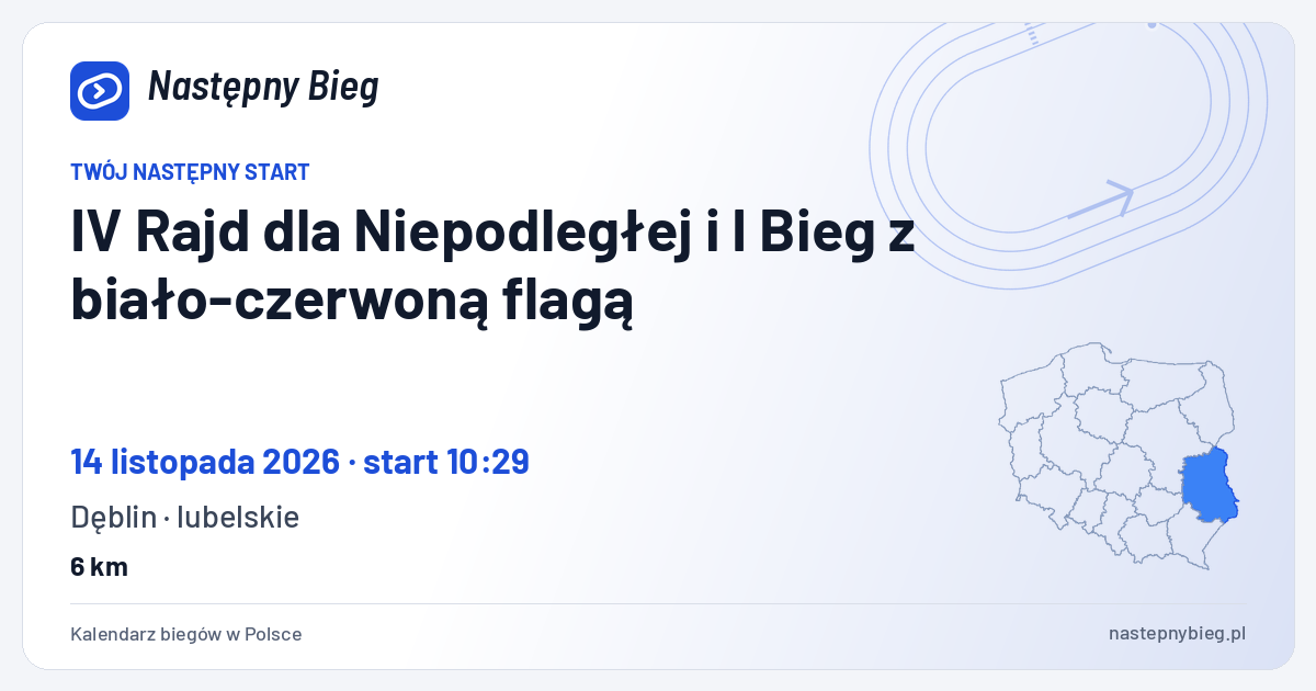 IV Rajd dla Niepodległej i I Bieg z biało-czerwoną flagą — termin, miejsce, dystanse i województwo na mapie Polski. Następny Bieg.