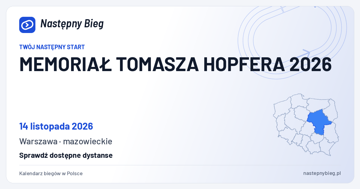 MEMORIAŁ TOMASZA HOPFERA 2026 — termin, miejsce, dystanse i województwo na mapie Polski. Następny Bieg.