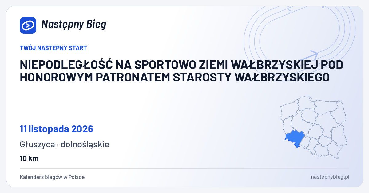 NIEPODLEGŁOŚĆ NA SPORTOWO ZIEMI WAŁBRZYSKIEJ POD HONOROWYM PATRONATEM STAROSTY WAŁBRZYSKIEGO — termin, miejsce, dystanse i województwo na mapie Polski. Następny Bieg.