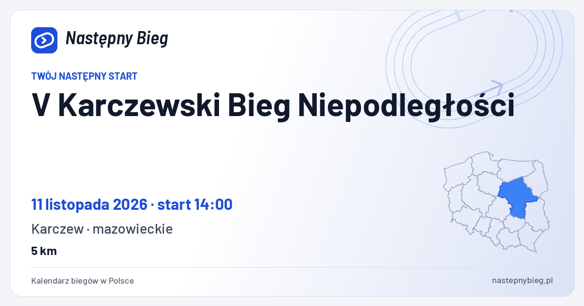V Karczewski Bieg Niepodległości — termin, miejsce, dystanse i województwo na mapie Polski. Następny Bieg.