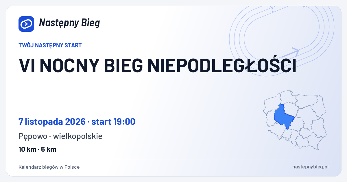 VI NOCNY BIEG NIEPODLEGŁOŚCI — termin, miejsce, dystanse i województwo na mapie Polski. Następny Bieg.
