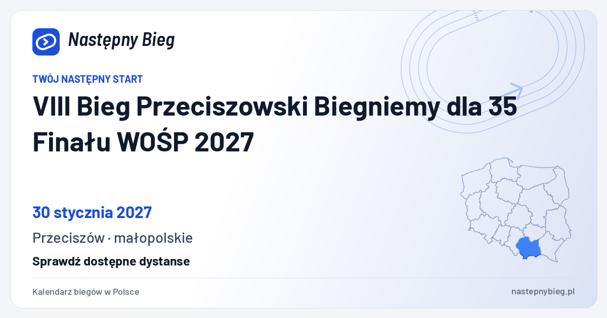 VIII Bieg Przeciszowski Biegniemy dla 35 Finału WOŚP 2027 — termin, miejsce, dystanse i województwo na mapie Polski. Następny Bieg.