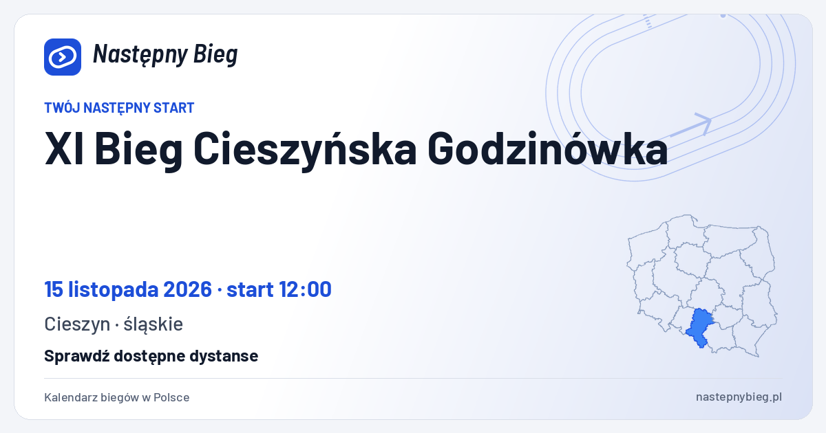 XI Bieg Cieszyńska Godzinówka — termin, miejsce, dystanse i województwo na mapie Polski. Następny Bieg.