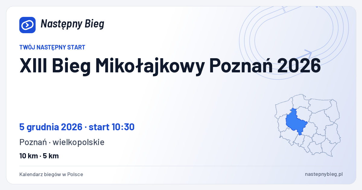 XIII Bieg Mikołajkowy Poznań 2026 — termin, miejsce, dystanse i województwo na mapie Polski. Następny Bieg.
