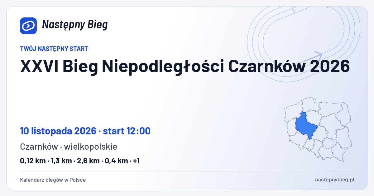 XXVI Bieg Niepodległości Czarnków 2026 — termin, miejsce, dystanse i województwo na mapie Polski. Następny Bieg.